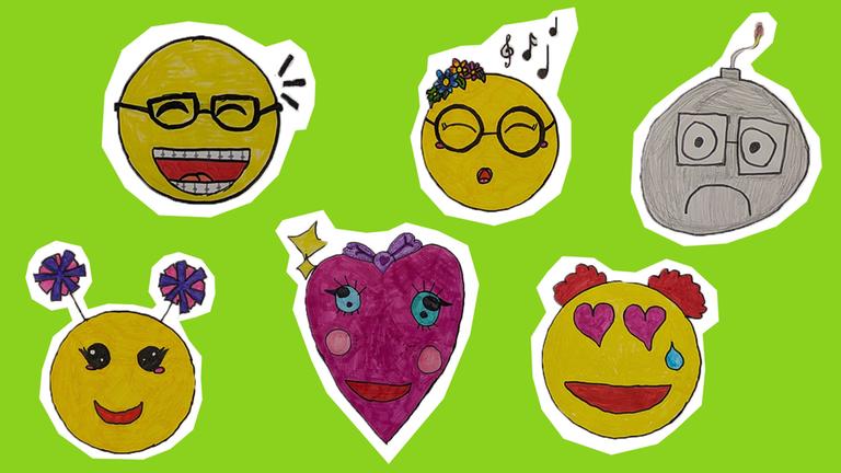 6 verschiedene Smileys: eine kleine Bombe mit traurigem Gesicht, ein pinkes Herz mit blauen Augen, ein Smiley mit Brille und Zahnspange, ein Smiley als Clown, ein Smiley der singt und ein Smiley der lächelt und witzige Antennenen auf dem Kopf hat 