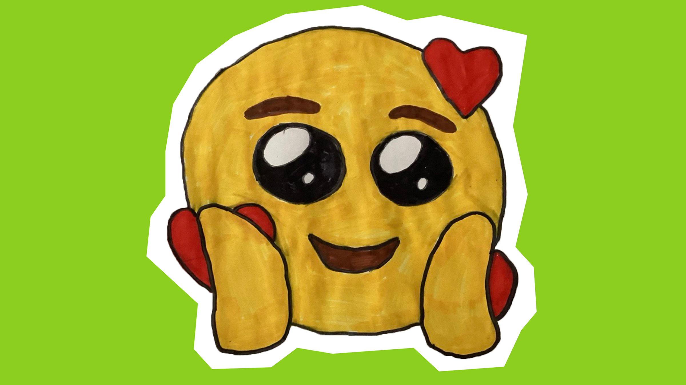 Smiley mit Herzen um das Gesicht herum und den beiden Händen an den Wangen