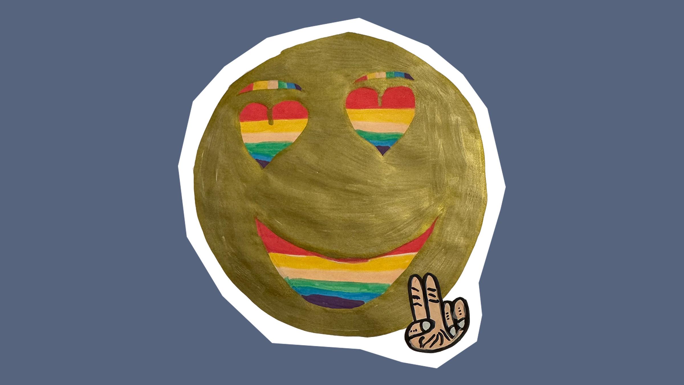 Goldener Smiley, der lächelt und ein Peace-Zeichen zeigt. Seine Augen und Mund sind in Regenbogenfarben.
