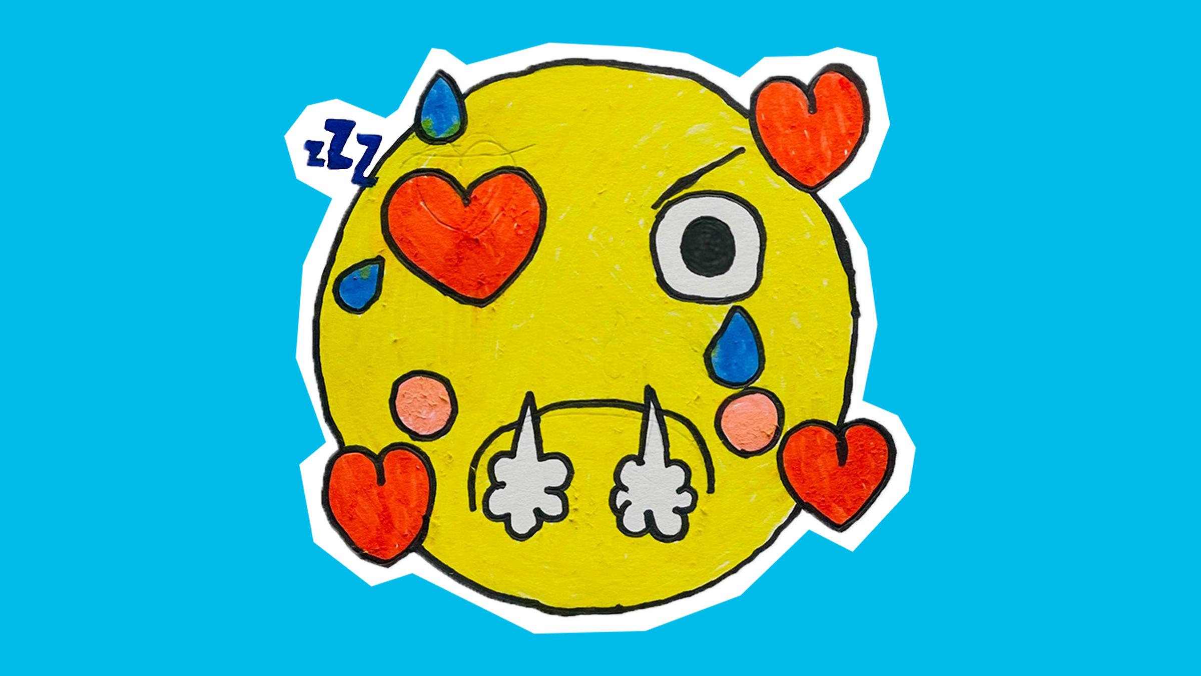 Gefühlschaos Smiley: eine Mischung aus Herzen, Wutschnaubend, einem bösen Mund und einem wütenden Auge, zwei Tränen und ein Schlaf zzz neben dem Kopf.