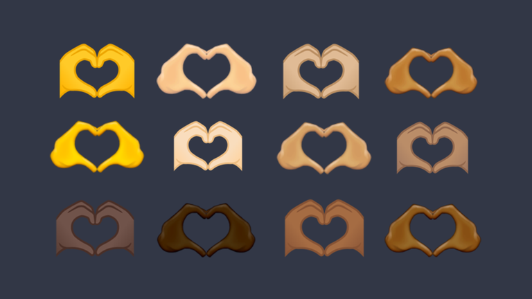 16 Hände in verschiedenen Hautfarben formen Herzen.