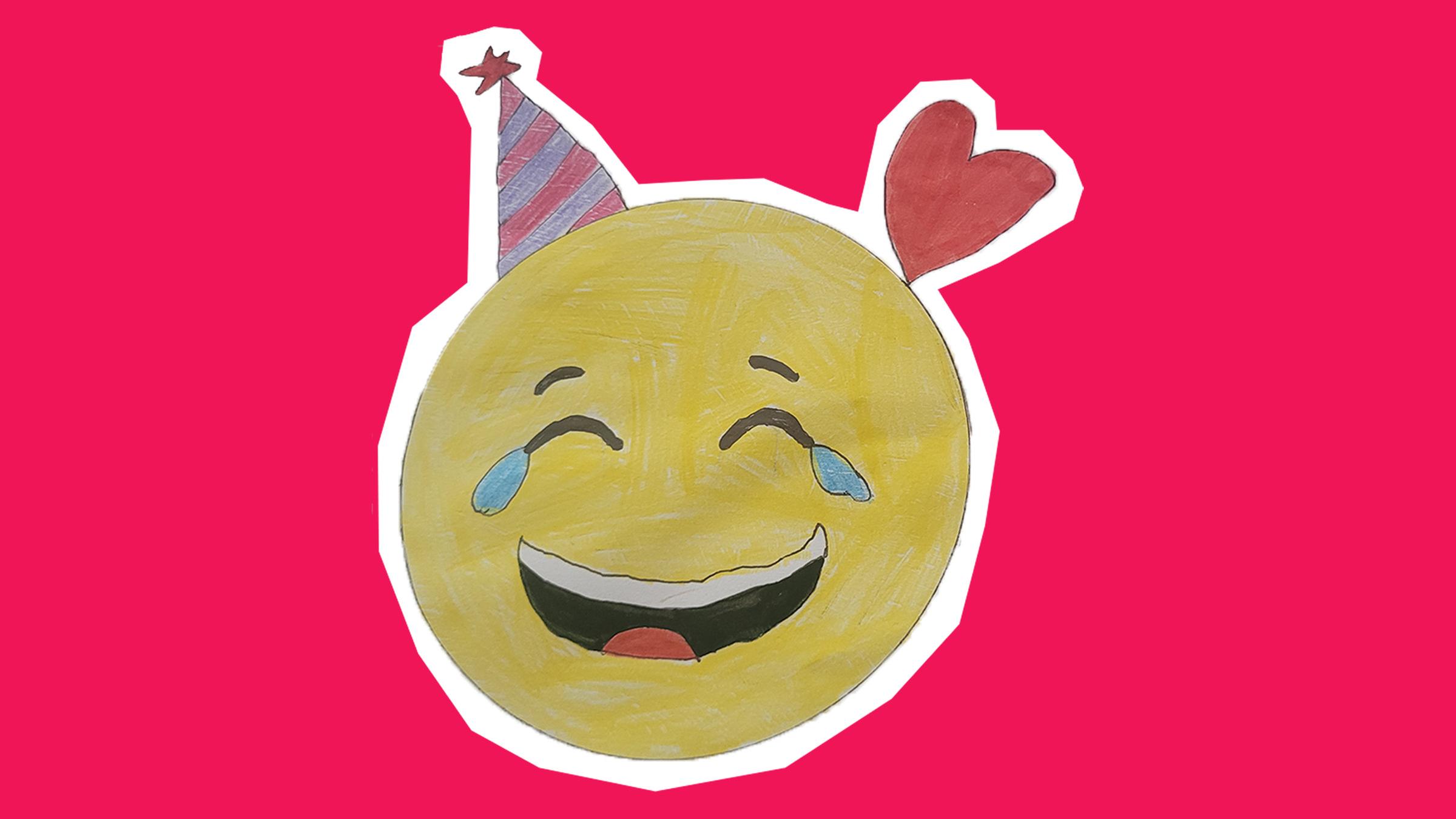 Smiley der lacht, dabei kommen ihm Lachtränen aus den Augen. Er trägt einen Partyhut und auf der rechten Seite des Kopfs ist ein Herz.