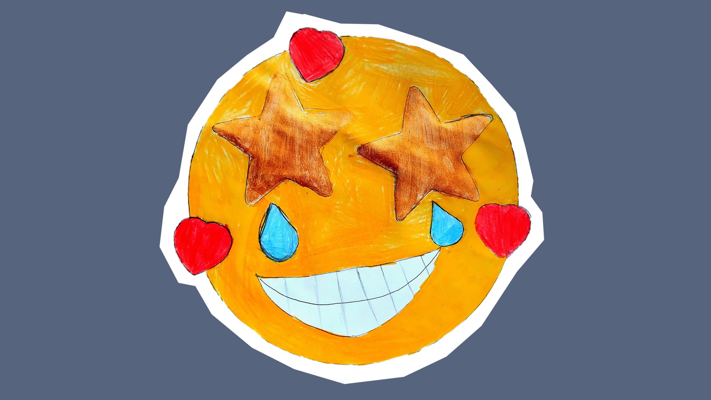 Smiley mit goldenen Sternen als Augen, zwei Tränen sind dadrunter. Ein breit grinsendes Lächeln. Um den Smiley sind rote Herzen herum. 