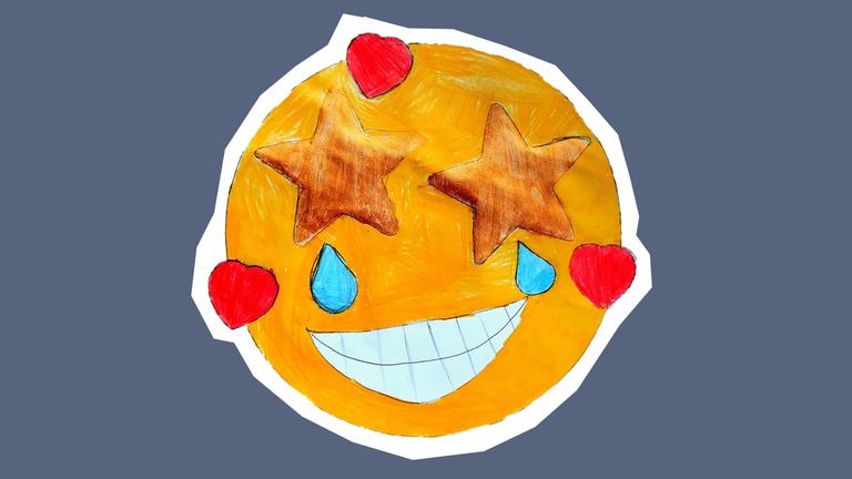 Smiley mit goldenen Sternen als Augen, zwei Tränen sind dadrunter. Ein breit grinsendes Lächeln. Um den Smiley sind rote Herzen herum. 