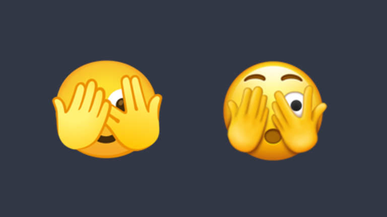 Ein gelbes Emoji-Gesicht mit einem erschrockenen Gesichtsausdruck hält sich die Augen zu, linst aber durch eine Hand hindurch.