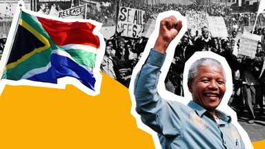 Fotomontage: Südafrikanische Flagge, Protest in Soweto, Nelson Mandela
