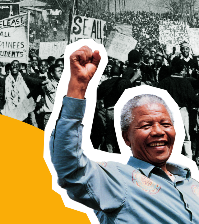 Fotomontage: Südafrikanische Flagge, Protest in Soweto, Nelson Mandela