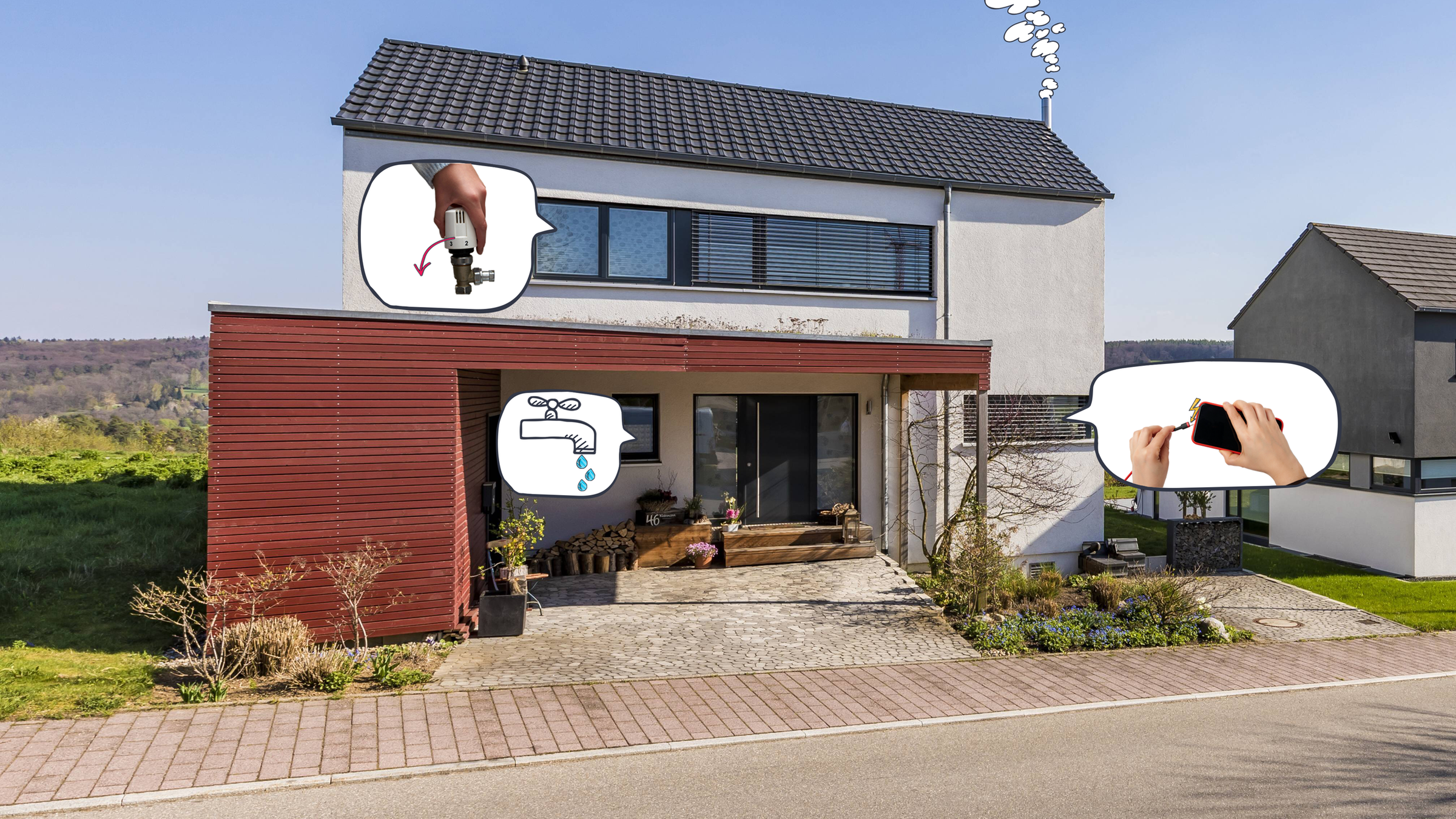 Einfamilienhaus zu sehen, vor dem ein doodle mit einem Globus und einem Thermometer ist. Neben dem Globus steht CO2.