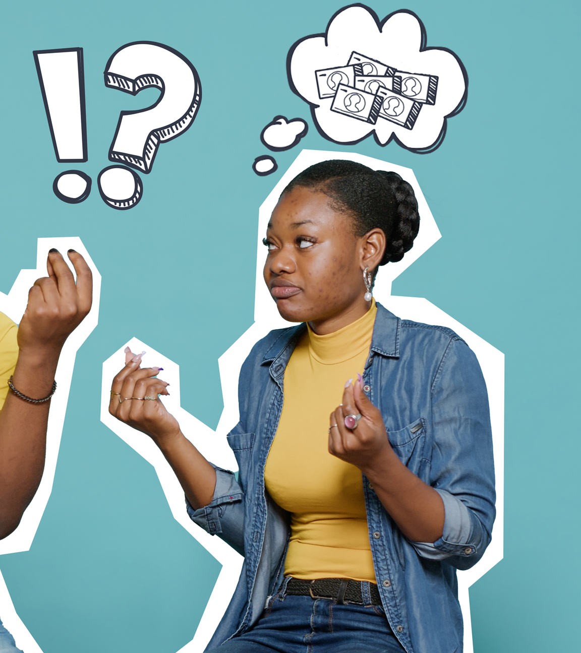 Ein Mann und eine Frau schauen nachdenklich. Gedankenblasen mit Geld.