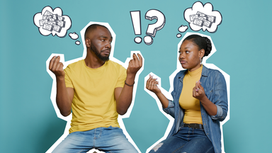 Ein Mann und eine Frau schauen nachdenklich. Gedankenblasen mit Geld.