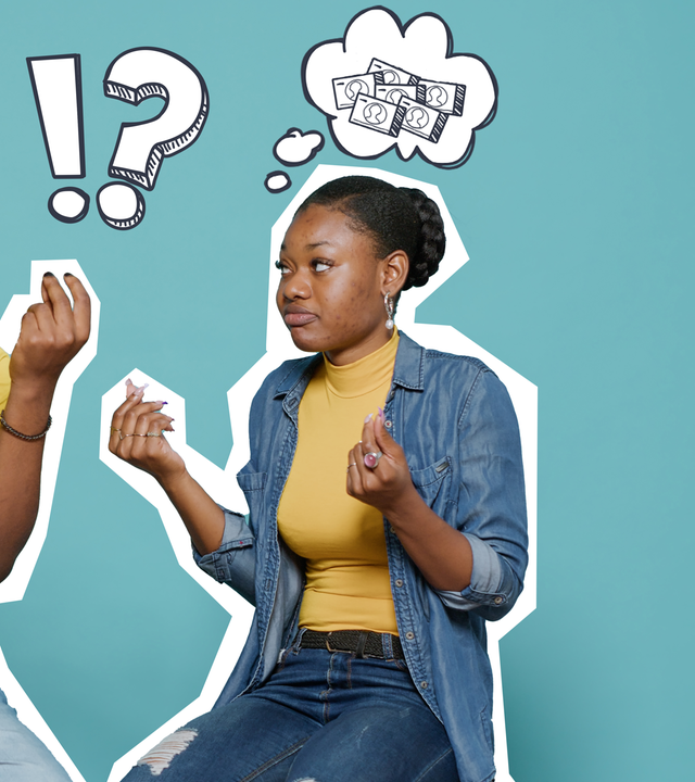 Ein Mann und eine Frau schauen nachdenklich. Gedankenblasen mit Geld.