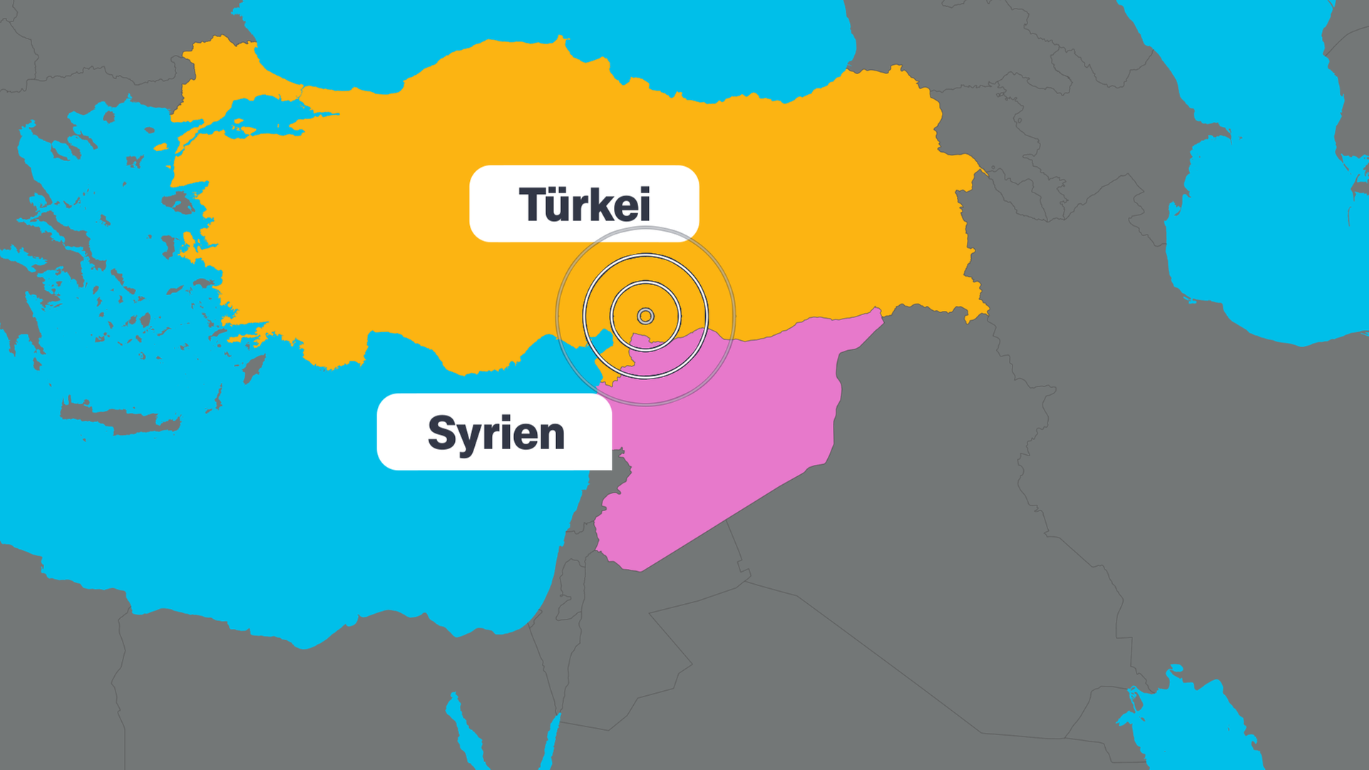 Auf der Karte ist das Gebiet des Erdbebens an der Grenze von der Türkei und Syrien markiert.