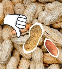 Mehrere Erdnüsse und ein Daumen, der nach unten zeigt.