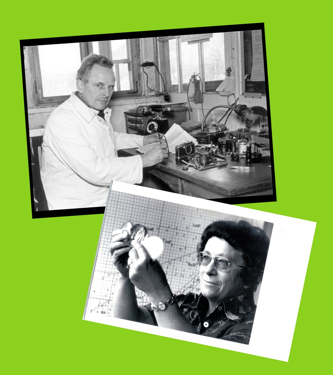 Auf dem Bild sind der Erfinder Oskar Barnack und die Chemikerin Marga Faulstich zu sehen. 