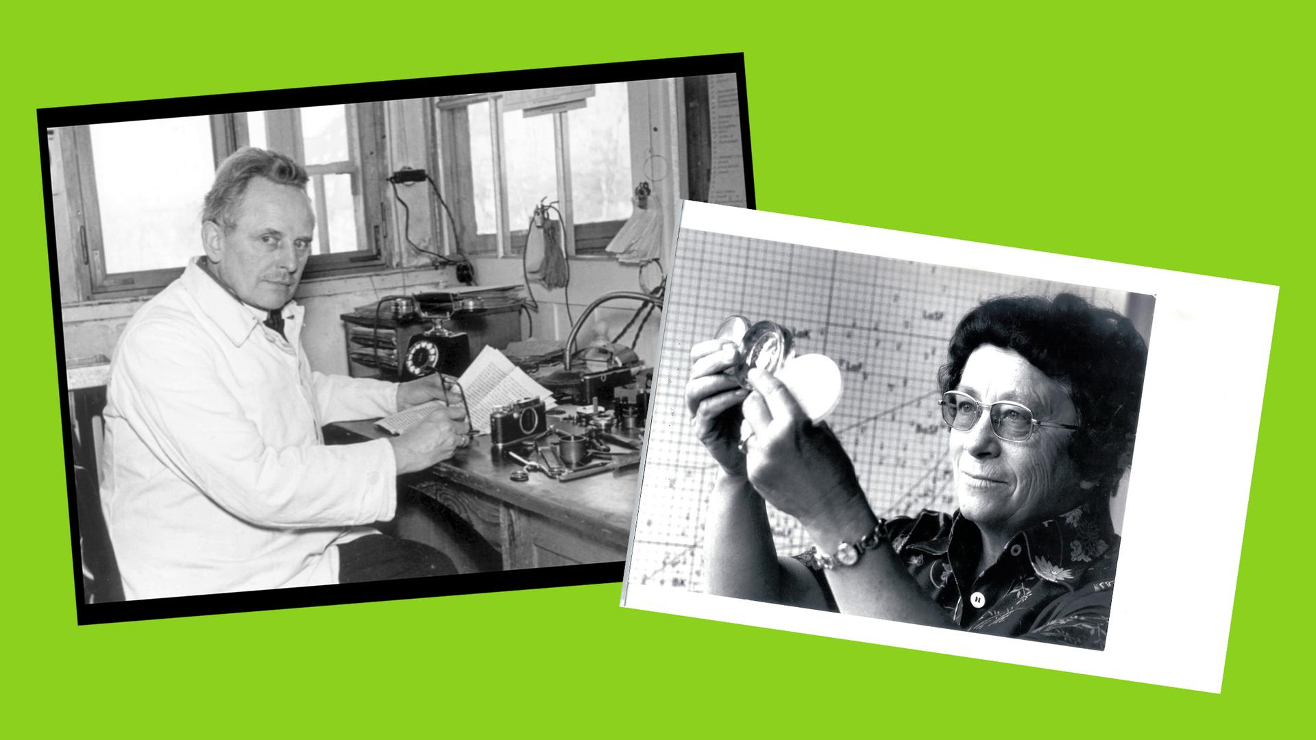 Auf dem Bild sind der Erfinder Oskar Barnack und die Chemikerin Marga Faulstich zu sehen. 