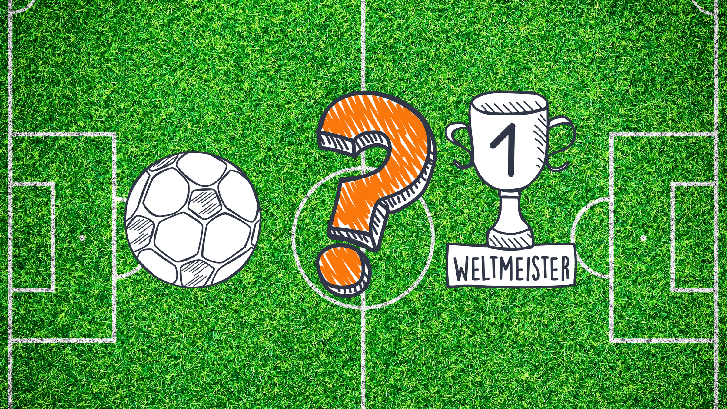 Ein Fußballplatz von oben mit einem Fußball, einem Fragezeichen und einem Pokal 