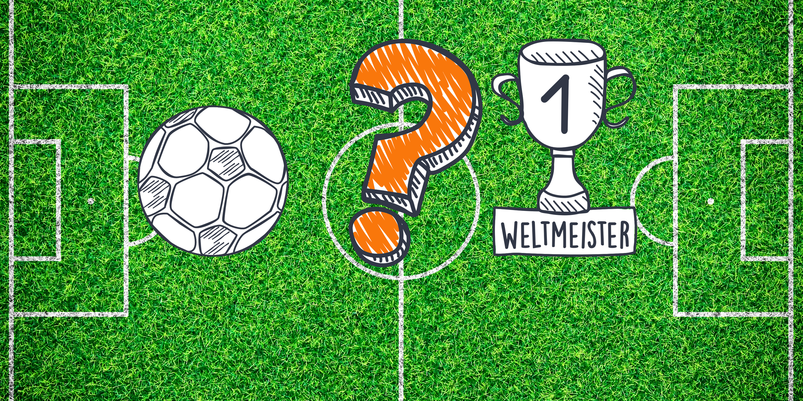 Ein Fußballplatz von oben mit einem Fußball, einem Fragezeichen und einem Pokal 
