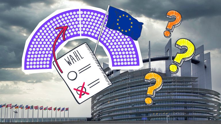 Das Europäische Parlament in Straßburg, dazu eine Grafik mit Parlament, Regierung, EU-Flagge und Fragezeichen.