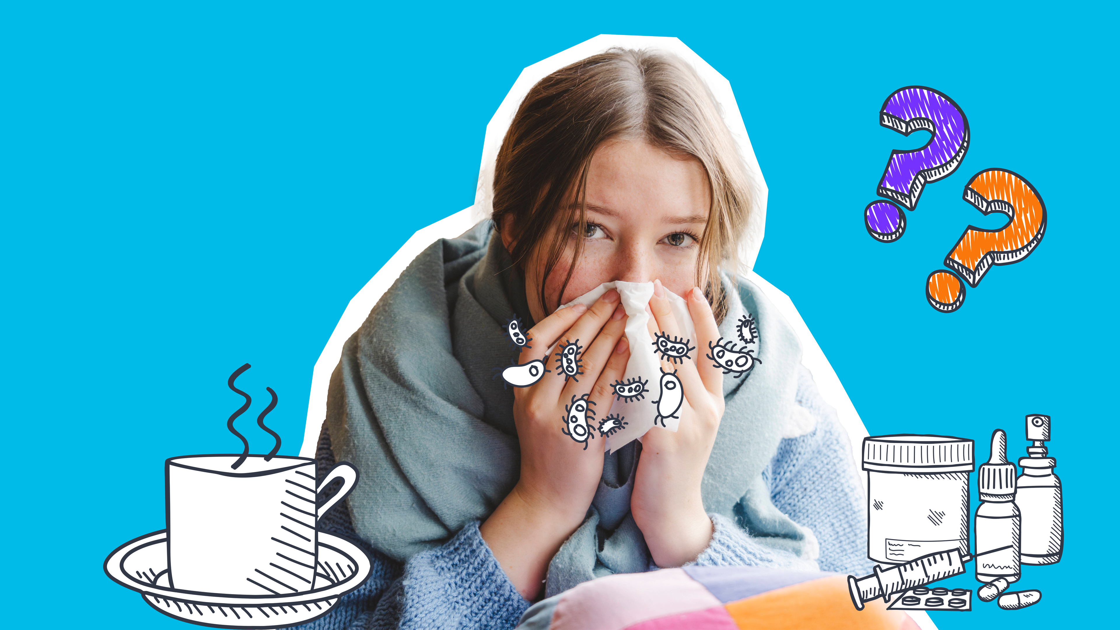 Erkältete Jugendliche mit Viren,Tasse Tee und Medikamenten.