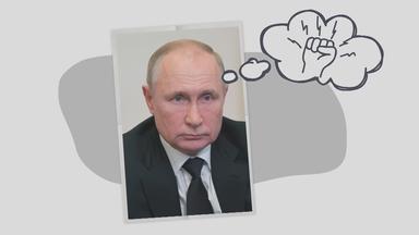 Putin mit einer Gedankenblase und einer Faust darin 