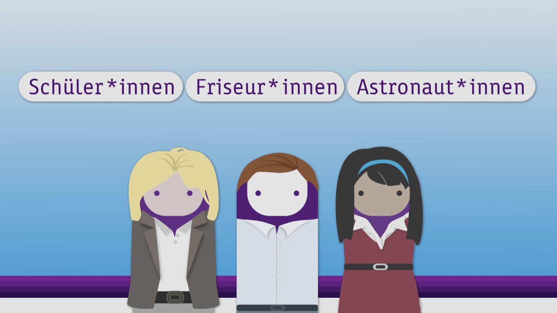 Auf dem Bild sieht man drei Mädchen. Über ihnen sieht man drei Worte, z.B. Astronaut*innen, die gegendert wurden.