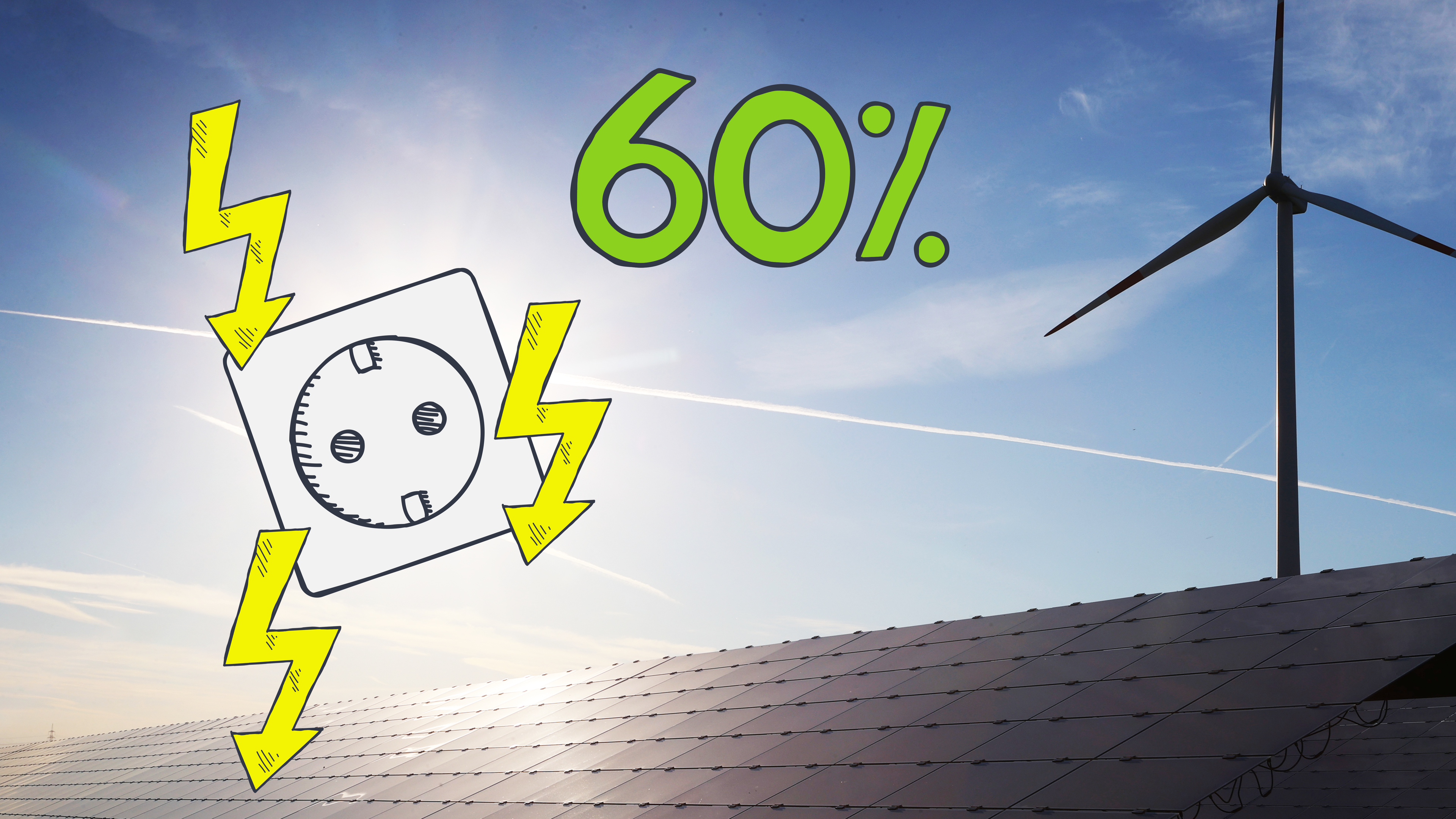 Solarmodule, ein WIndrad und eine grafische Steckdose mit Stromblitzen, dazu "60%"
