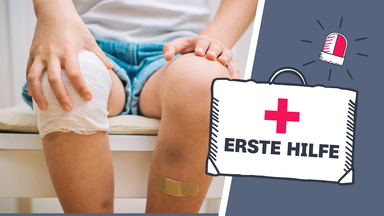 Ein Junge sitzt und hat die Hände auf den Knien, eins davon hat einen Verband, daneben ist ein Verbandskoffer und ein Alarm