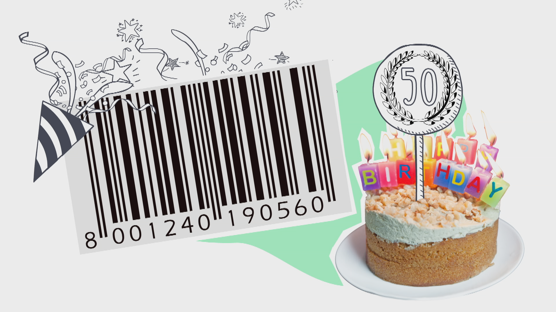 Im hintergrund Barcode, dafür Partydekoration und Geburtstagstorte mit Zahl 50