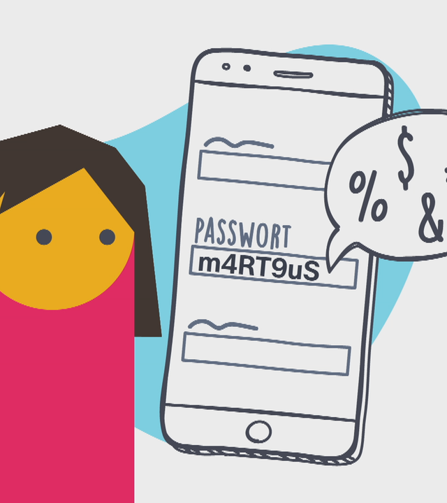 Grafik: Mädchen schaut auf Smartphone, woraif Passwort steht und eine Sprechblase mit Zeichen