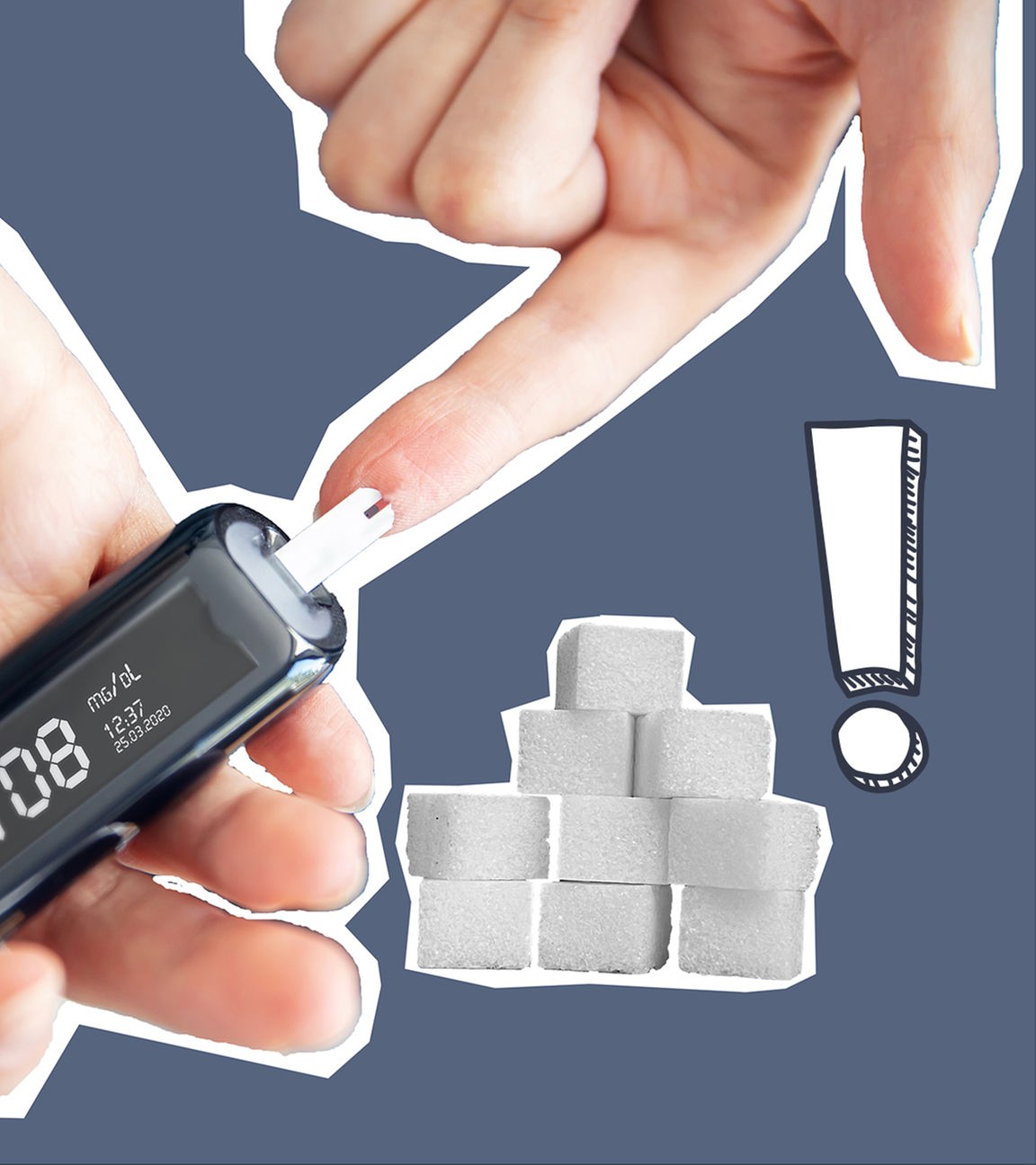 Zwei Hände, die eine Hand pikst der anderen Hand in den Zeigefinger; Zuckerwürfen und Ausrufezeichen-Sticker