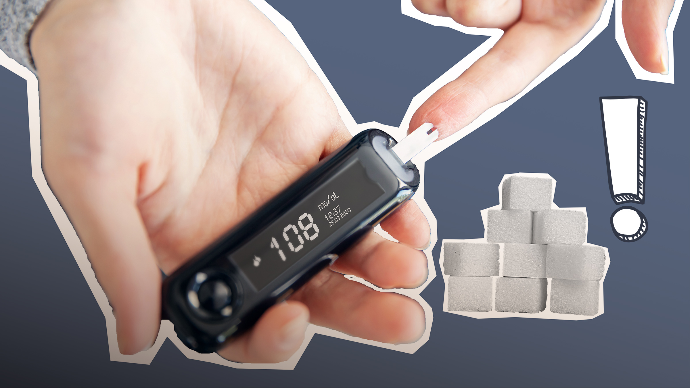 Zwei Hände, die eine Hand pikst der anderen Hand in den Zeigefinger; Zuckerwürfen und Ausrufezeichen-Sticker