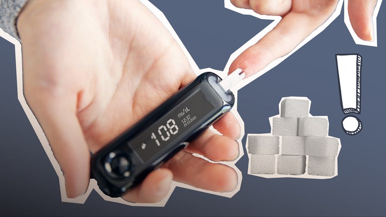 Zwei Hände, die eine Hand pikst der anderen Hand in den Zeigefinger; Zuckerwürfen und Ausrufezeichen-Sticker