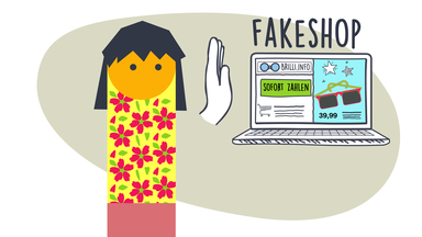 Grafik: Emo-Mädchen steht neben Laptop, auf dem ein Fakeshop zu sehen ist - dazwischen ablehnende Hand