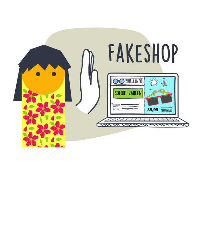 Grafik: Emo-Mädchen steht neben Laptop, auf dem ein Fakeshop zu sehen ist - dazwischen ablehnende Hand