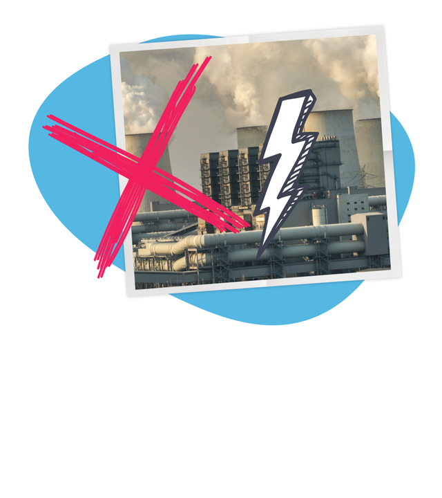Ein kohlekraftwerk durchgestichen und mit einem Blitz-Symbol