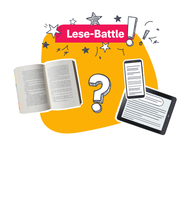 Grafik: Schriftzug "Lese-Battle" - daneben Bücher und Smartphone, Tablet und E-Reader