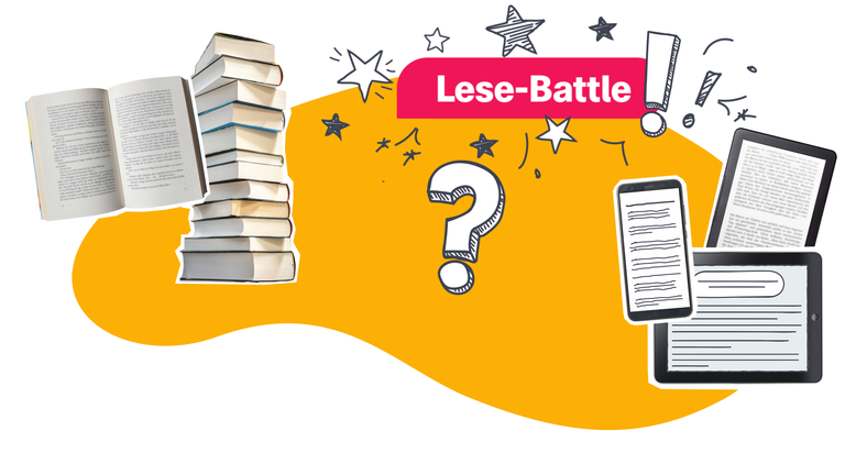 Grafik: Schriftzug "Lese-Battle" - daneben Bücher und Smartphone, Tablet und E-Reader