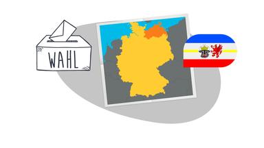 Grafik: Deutschlandkarte mit eingefärbtem Bundesland Meckelnburg-Vorpommern, daneben grafische Wahlurne und Landesflagge