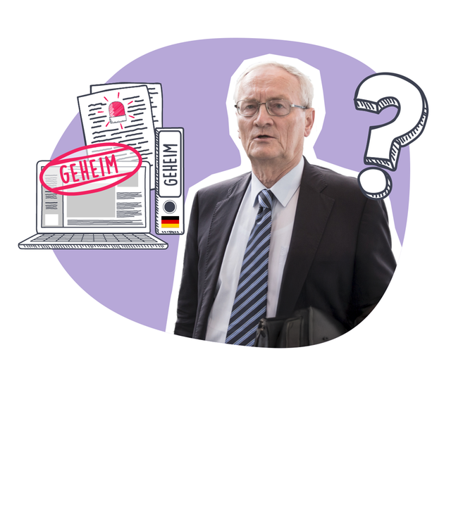 Ex-BND-Chef Hanning neben Grafiken von geheimen Unterlagen