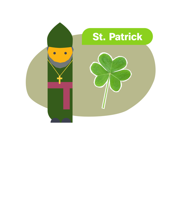 Grafik: Emofigur vor grafischen Hintergrund, daneben Kleeblatt und Schriftzug "St. Patrick"