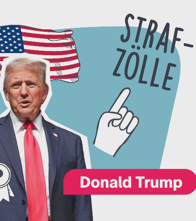 Bild von Donald Trump vor einer US-Flagge, daneben steht "Strafzölle"