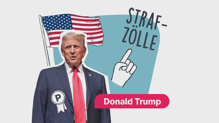 Bild von Donald Trump vor einer US-Flagge, daneben steht "Strafzölle"