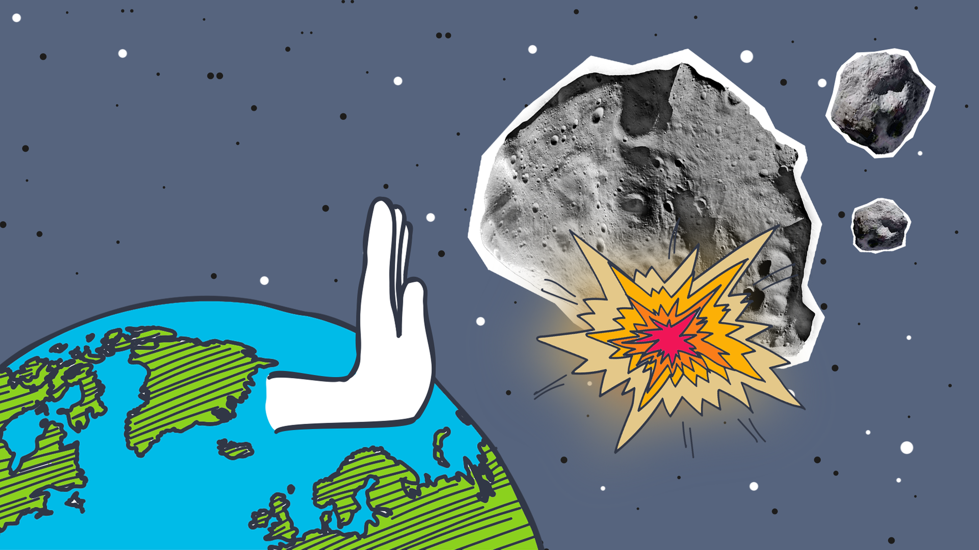 Eine Erde die eine abweisende Hand ausstreckt in Richtung Asteroiden, einer davon explodiert.