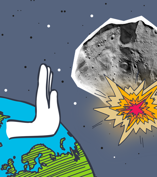 Eine Erde die eine abweisende Hand ausstreckt in Richtung Asteroiden, einer davon explodiert.