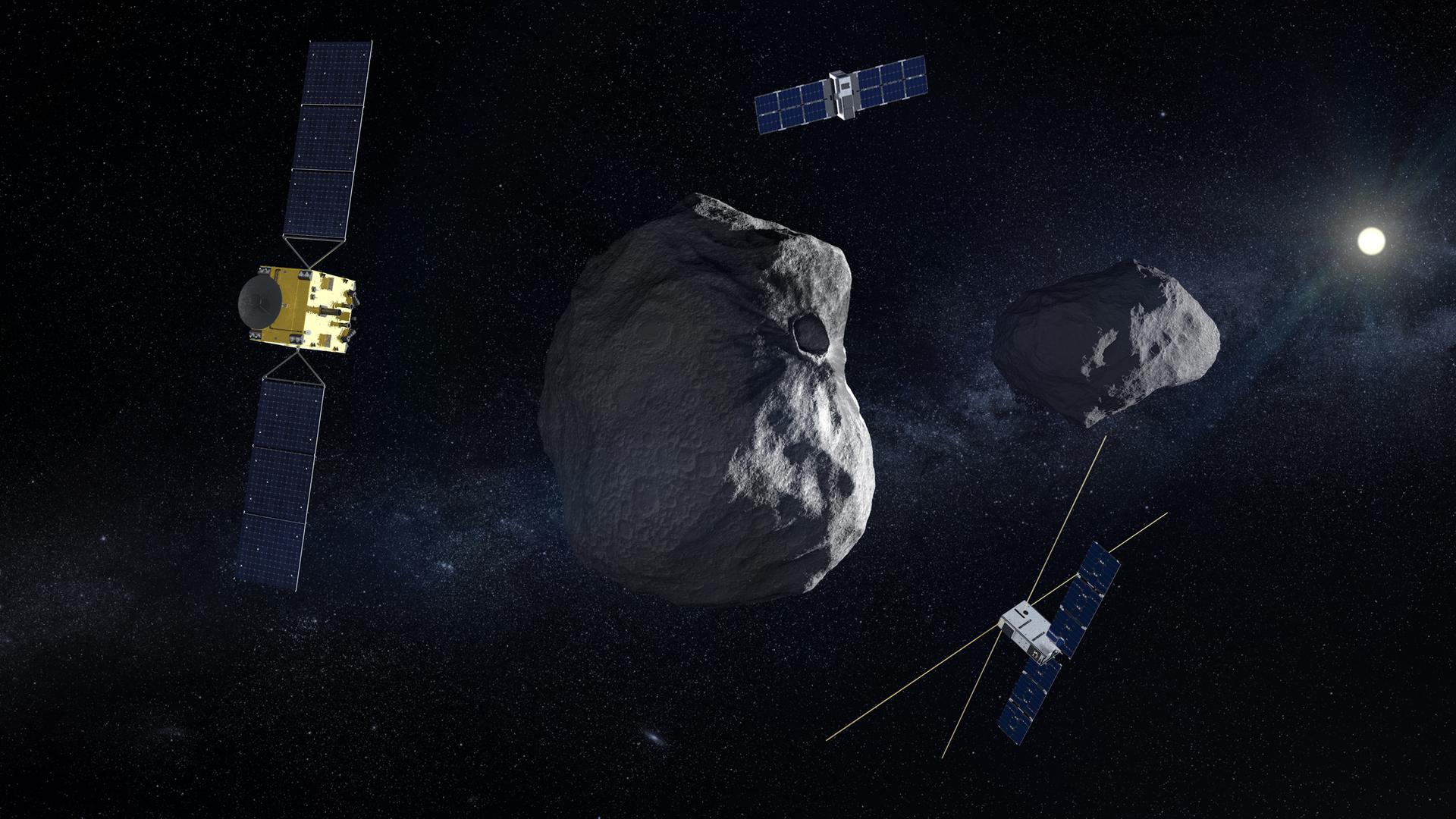 Mission «Hera» mit Raumsonde (l) und begleitenden CubeSats (oben Milani und unten Juventas) am Doppel-Asteroiden Dimorphos/Didymos.