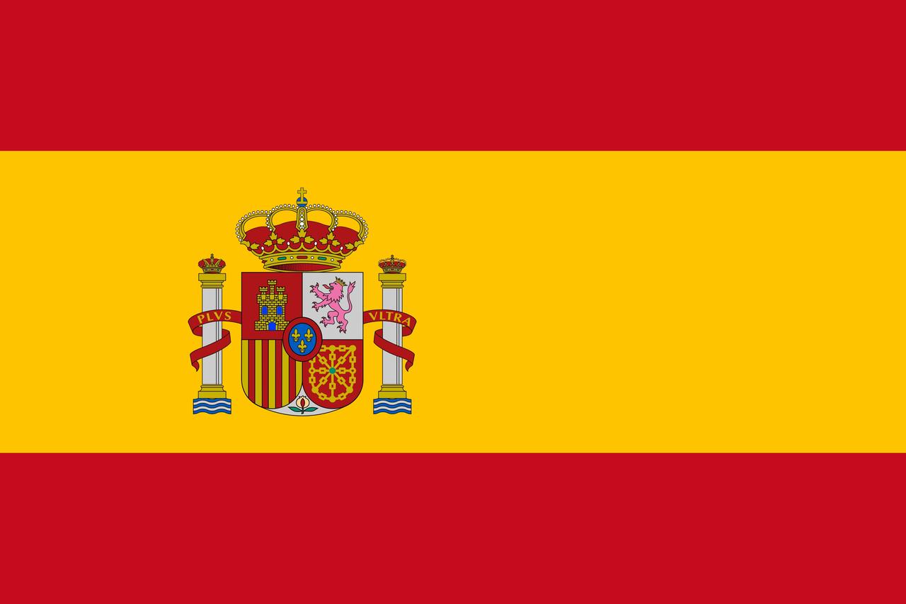 Flagge von Spanien mit den Balken von oben nach unten rot, gelb, rot und einem Wappen auf der linken Seite