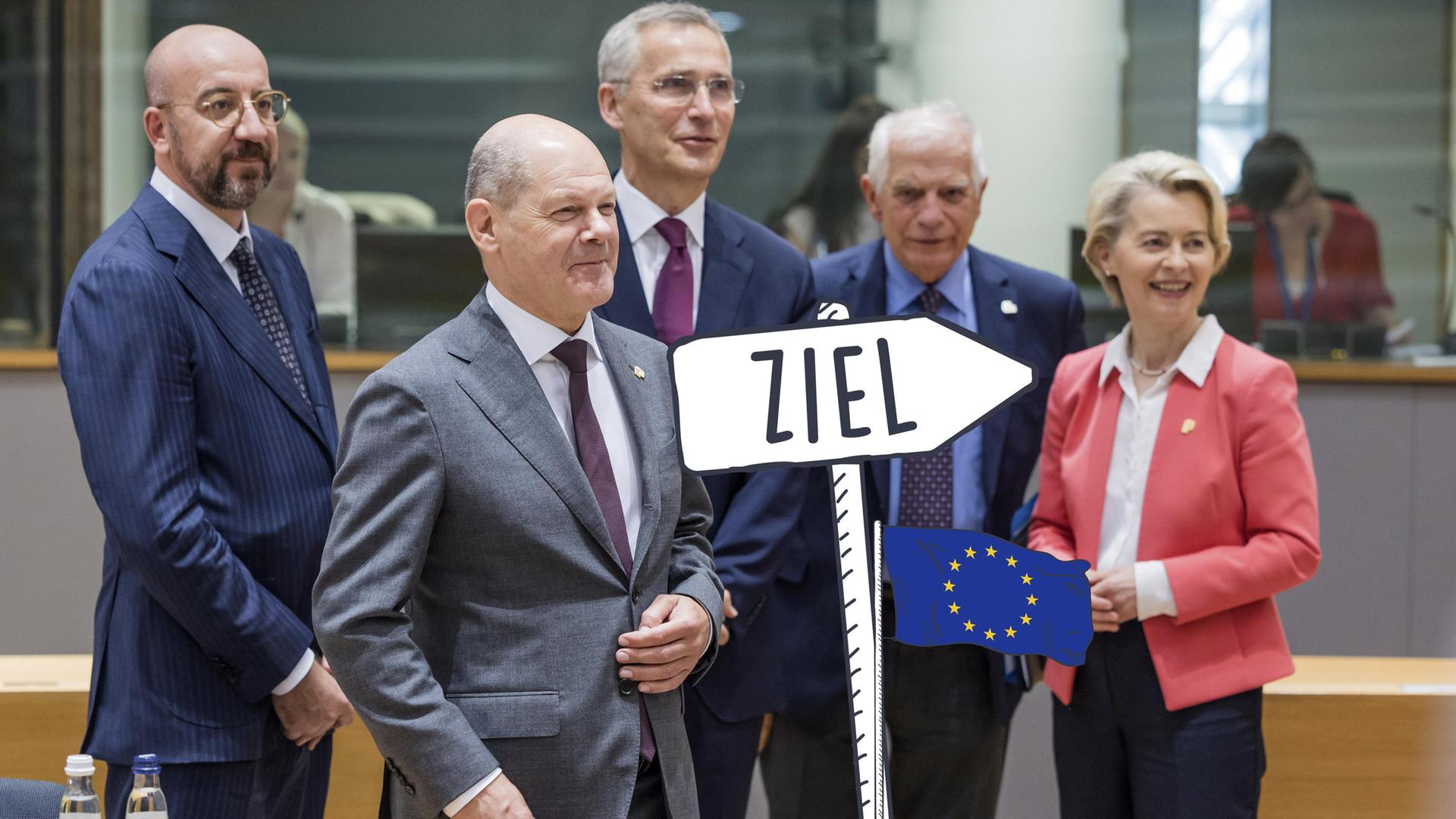 Charles Michel (l-r), Präsident des Europäischen Rates, Bundeskanzler Olaf Scholz (SPD), Jens Stoltenberg, Nato-Generalsekretär, Josep Borrell, Hoher Vertreter der EU für Außen- und Sicherheitspolitik, und Ursula von der Leyen, Präsidentin der Europäischen Kommission bei einem EU-Gipfel 2023. 