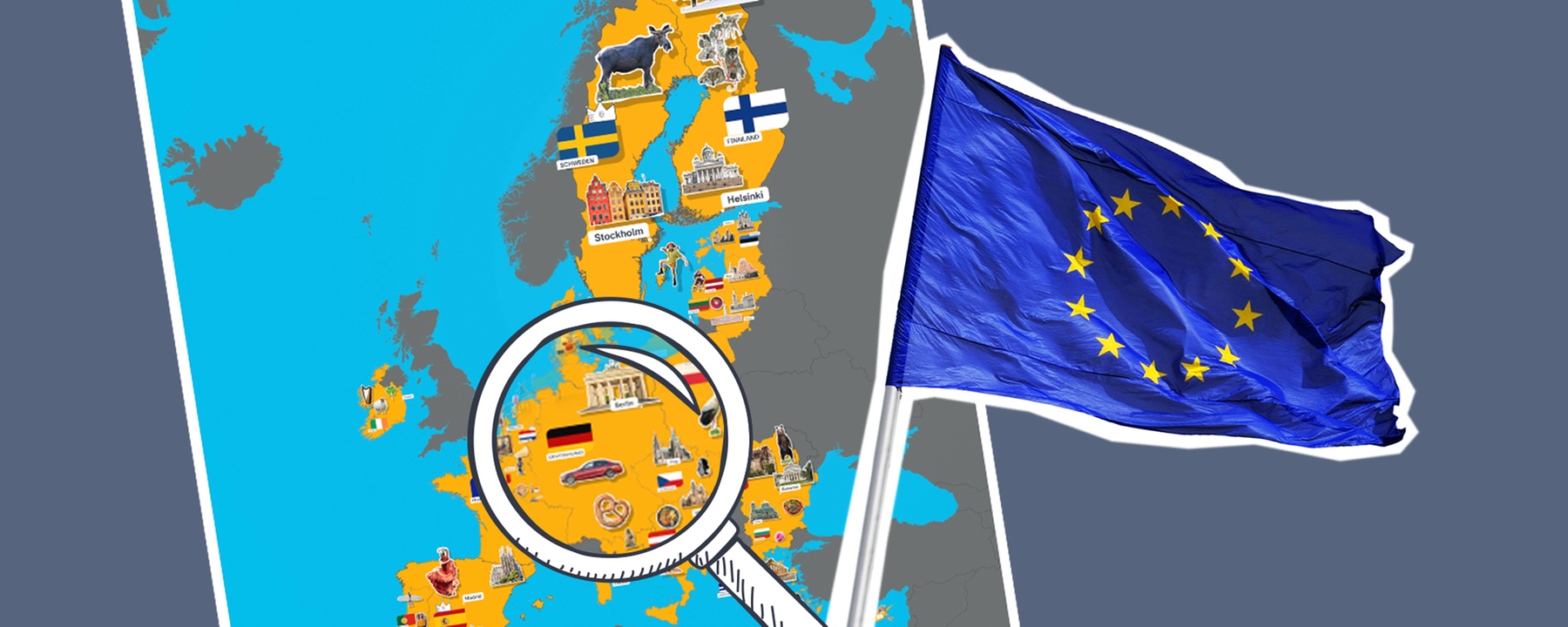 Karte mit den EU-Ländern, Lupe und EU-Flagge