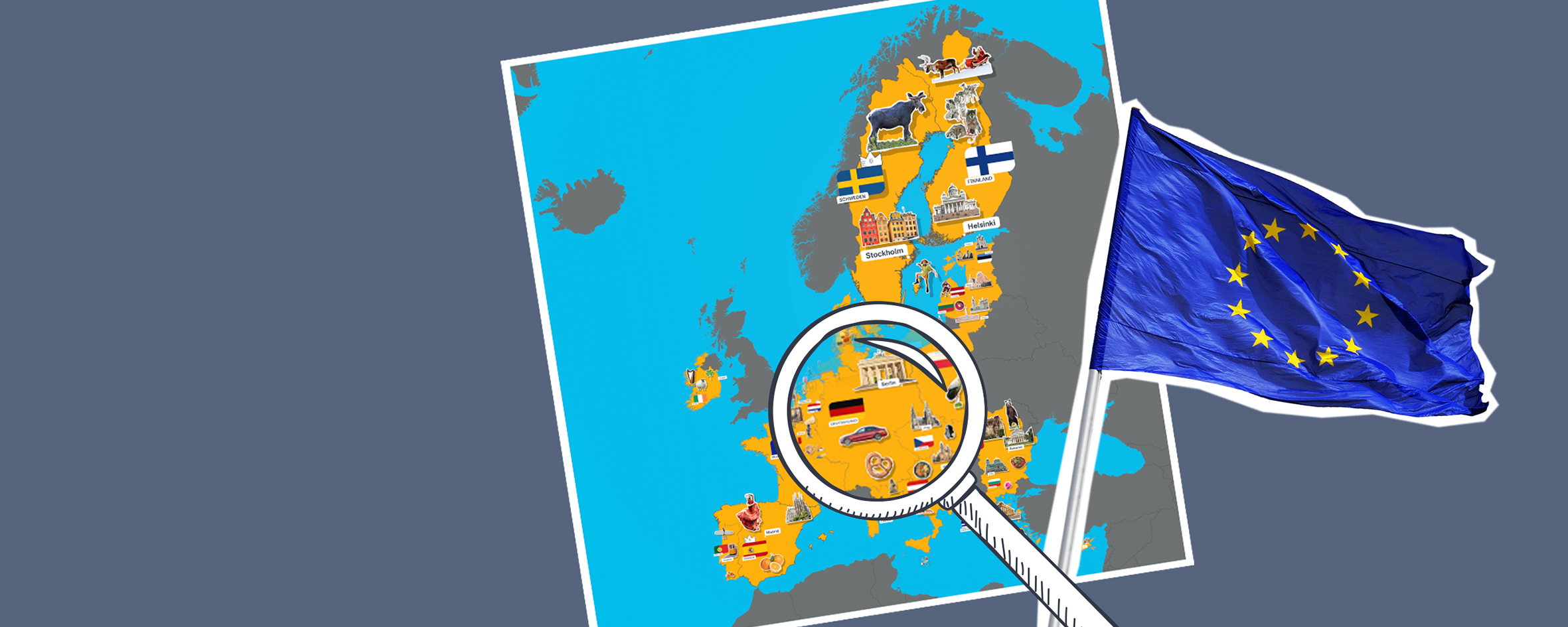 Karte mit den EU-Ländern, Lupe und EU-Flagge