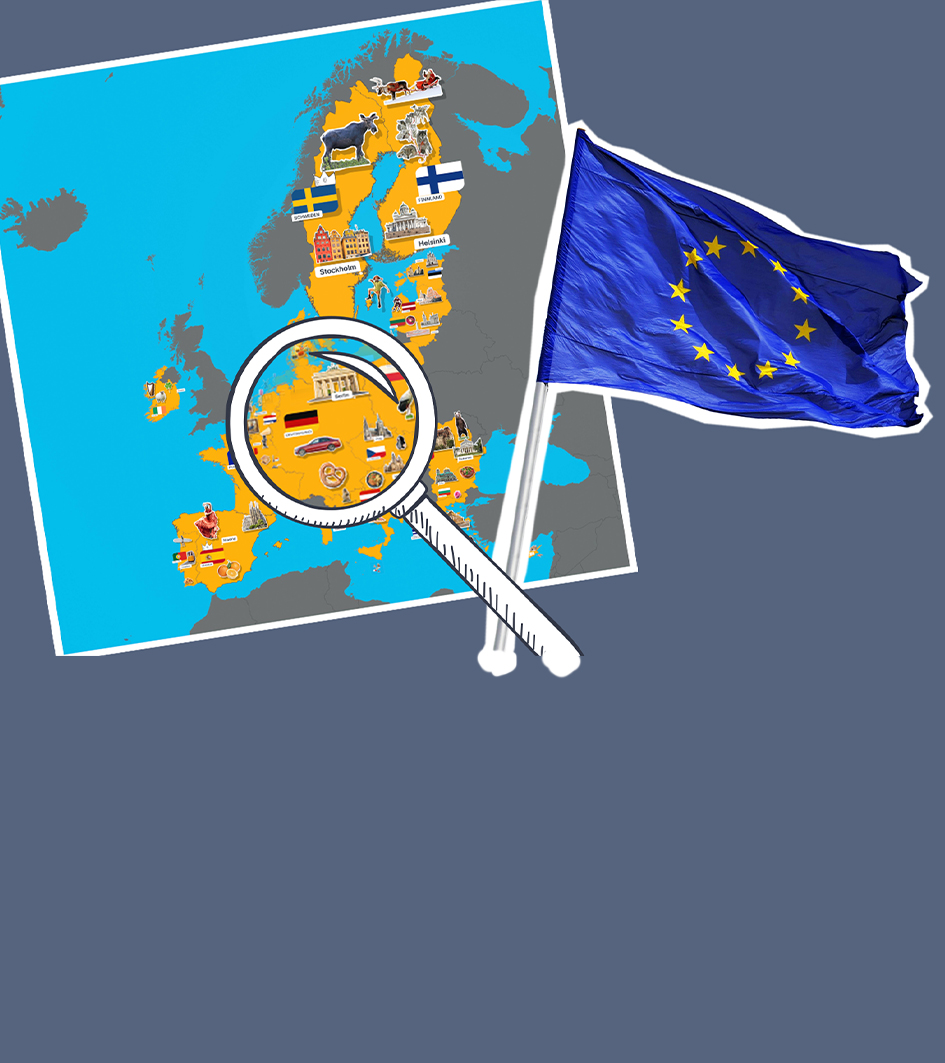Karte mit den EU-Ländern, Lupe und EU-Flagge